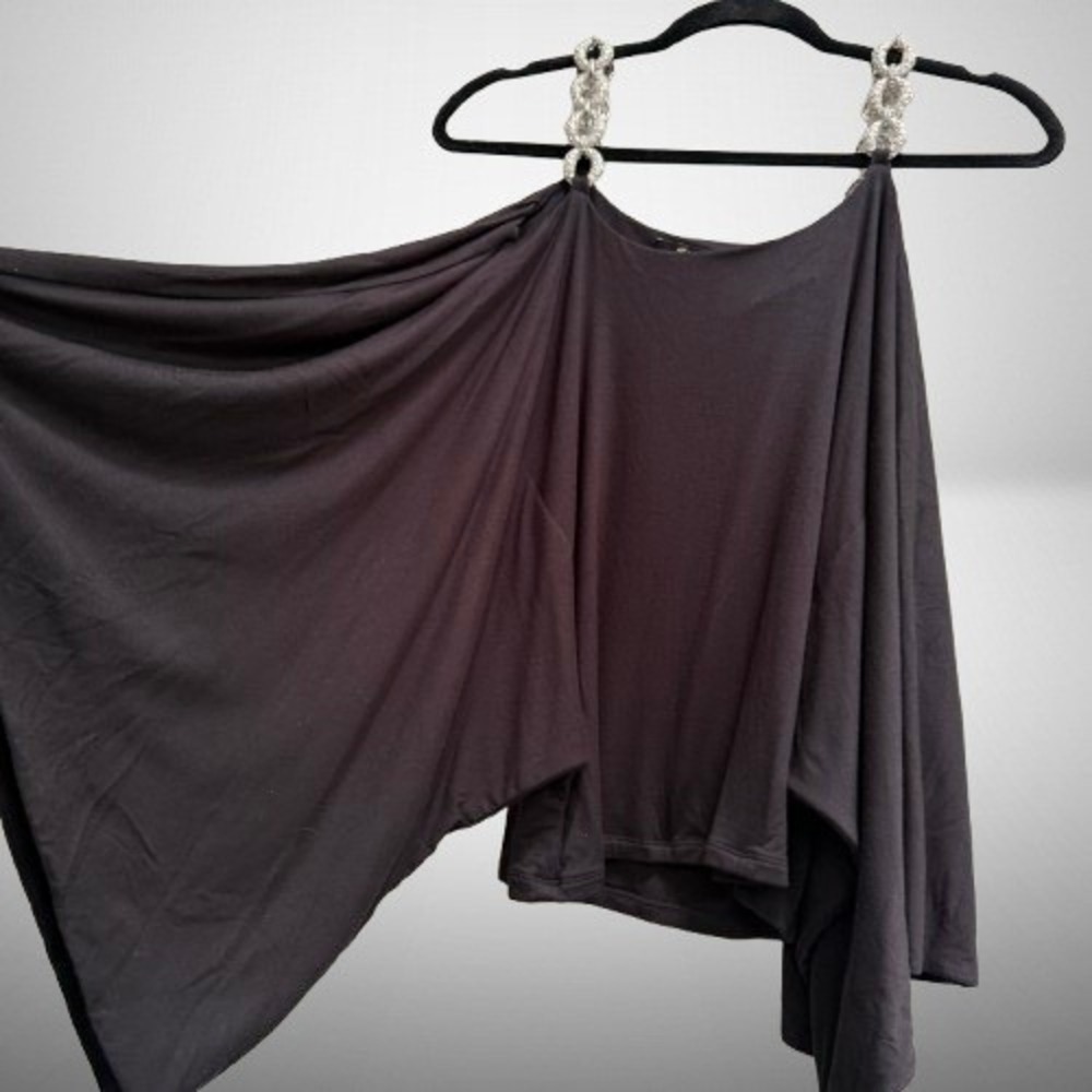NEW Sky Women Cold Shoulder Top Rhinestone Chain Straps Drape Black‎ Medium
